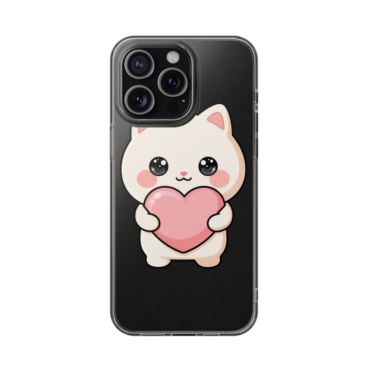 Kawaii Cat Phone Case with Heart, Clear Impact-Resistant