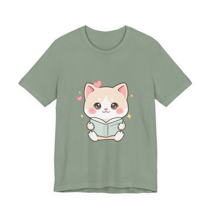 Kawaii Reading Cat T-Shirt for Book Lovers