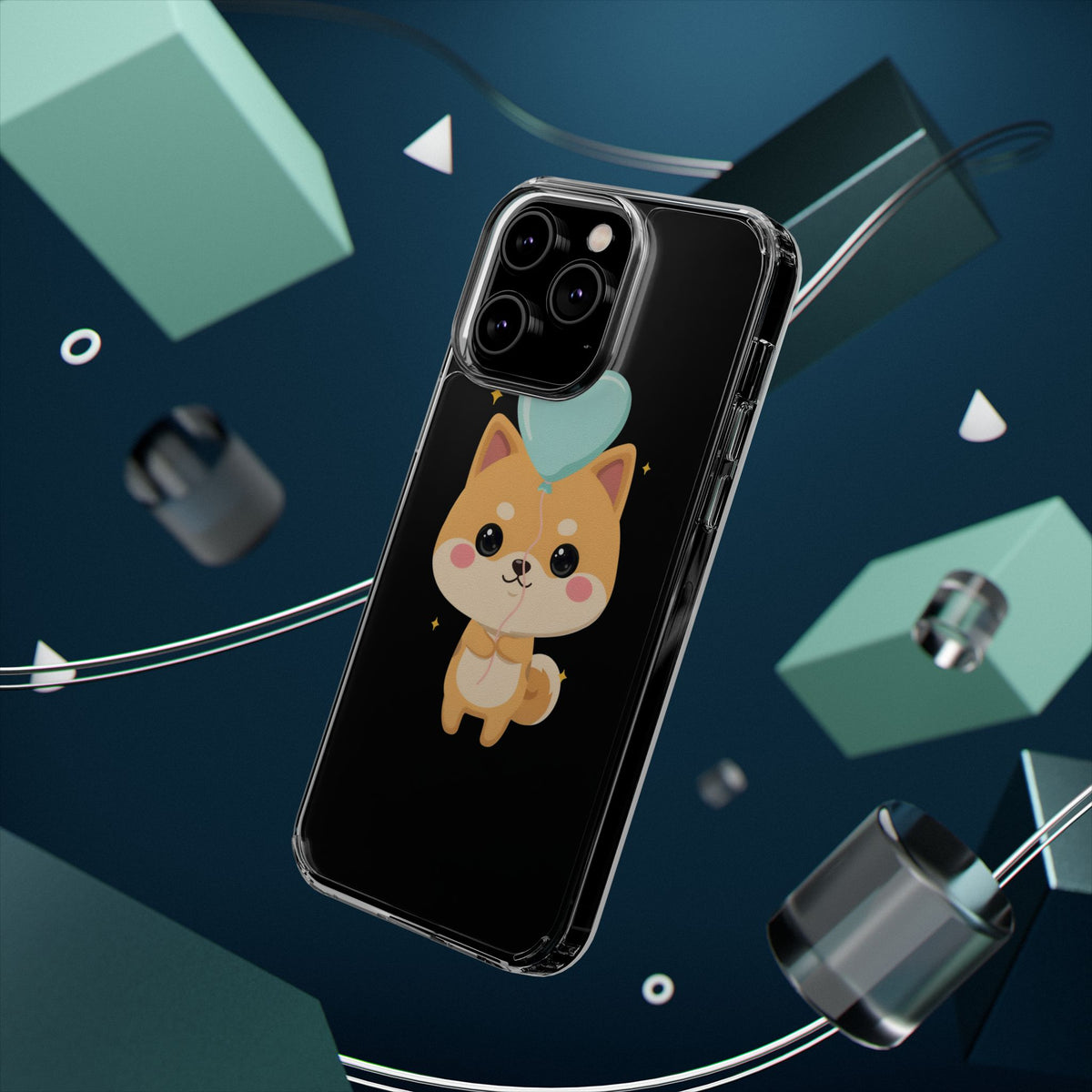 Kawaii Shiba Inu Clear Phone Case with Heart Balloon