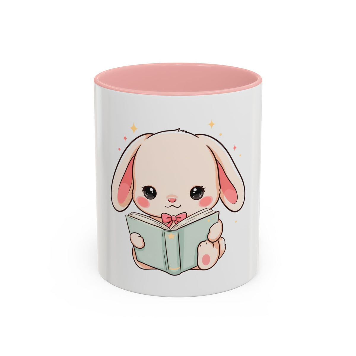 Kawaii Reading Bunny Mug, Cute Book Lover Accent Coffee Mug