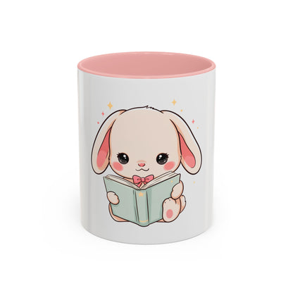 Kawaii Reading Bunny Mug, Cute Book Lover Accent Coffee Mug