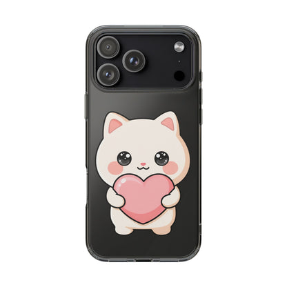 Kawaii Cat Phone Case with Heart, Clear Impact-Resistant