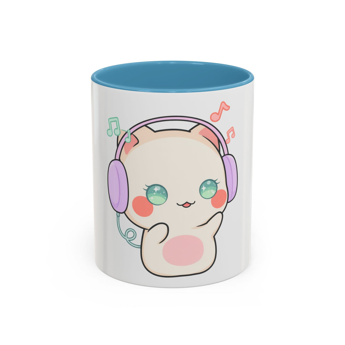 Kawaii Cat Coffee Mug, Music Lover Accent Ceramic Mug