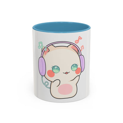 Kawaii Cat Coffee Mug, Music Lover Accent Ceramic Mug