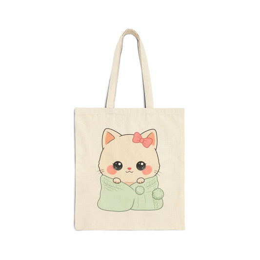 Kawaii Cat Tote Bag, Cozy Chibi Kitty Canvas Shopper
