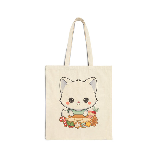Kawaii Arctic Fox Christmas Tote Bag for Cookie Bakers
