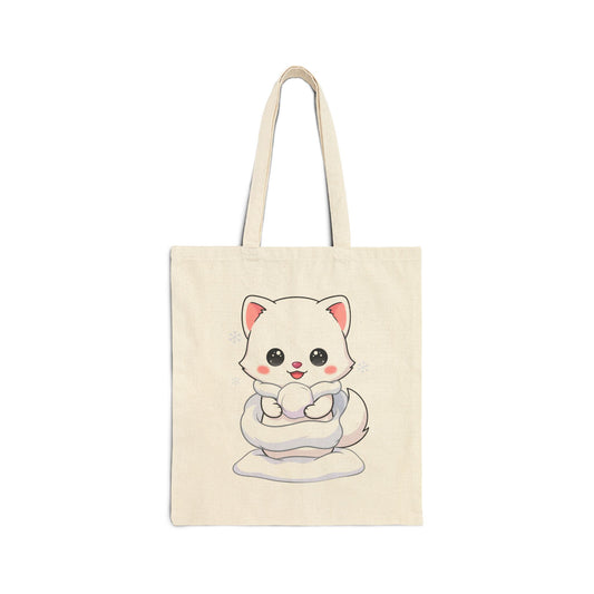 Kawaii Arctic Fox Cotton Canvas Tote Bag for Snowy Days