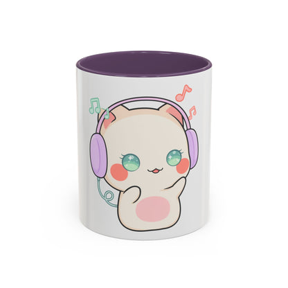 Kawaii Cat Coffee Mug, Music Lover Accent Ceramic Mug