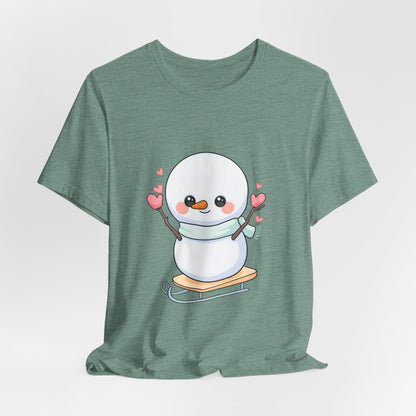Kawaii Snowman T-Shirt, Cute Winter Sledding Tee