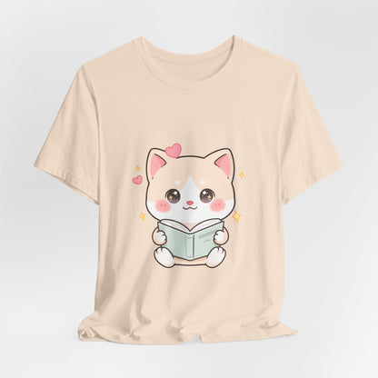 Kawaii Reading Cat T-Shirt for Book Lovers