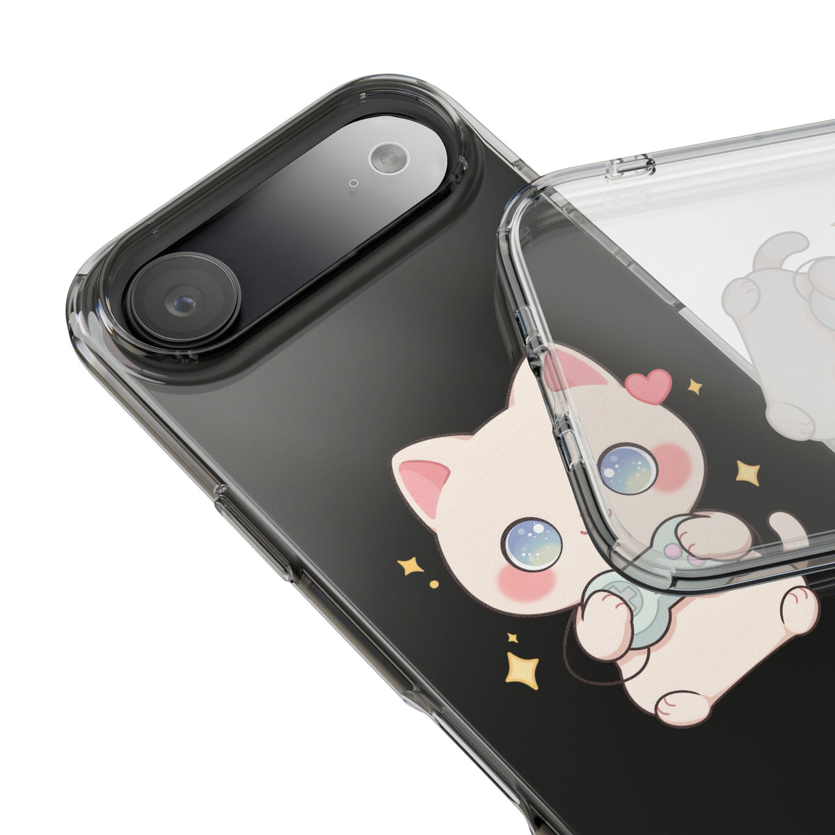 Kawaii Gamer Cat Clear Phone Case for Gaming Fans