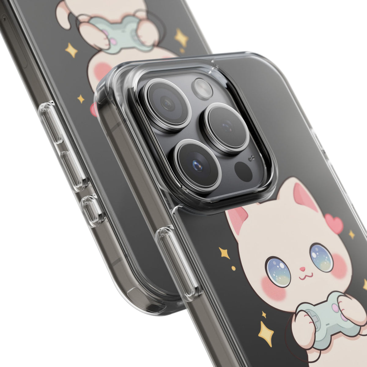 Kawaii Gamer Cat Clear Phone Case for Gaming Fans