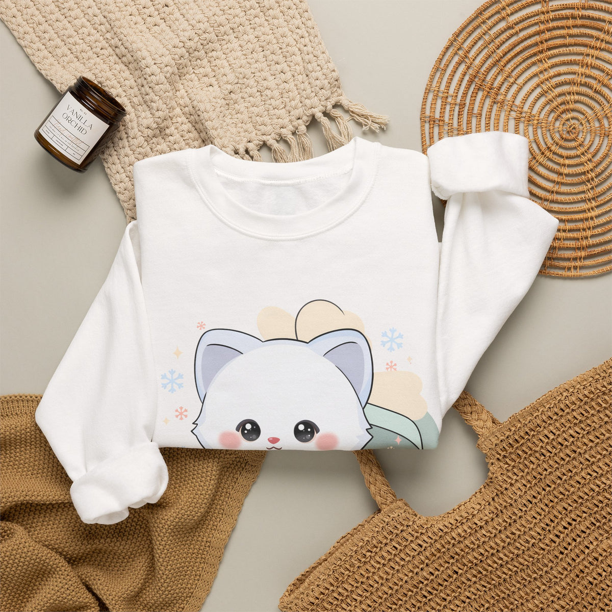 Kawaii Arctic Fox Sweatshirt, Cute Gift Box Fox Crewneck