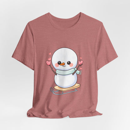 Kawaii Snowman T-Shirt, Cute Winter Sledding Tee