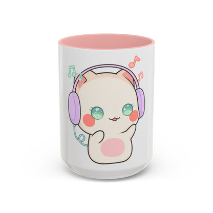 Kawaii Cat Coffee Mug, Music Lover Accent Ceramic Mug