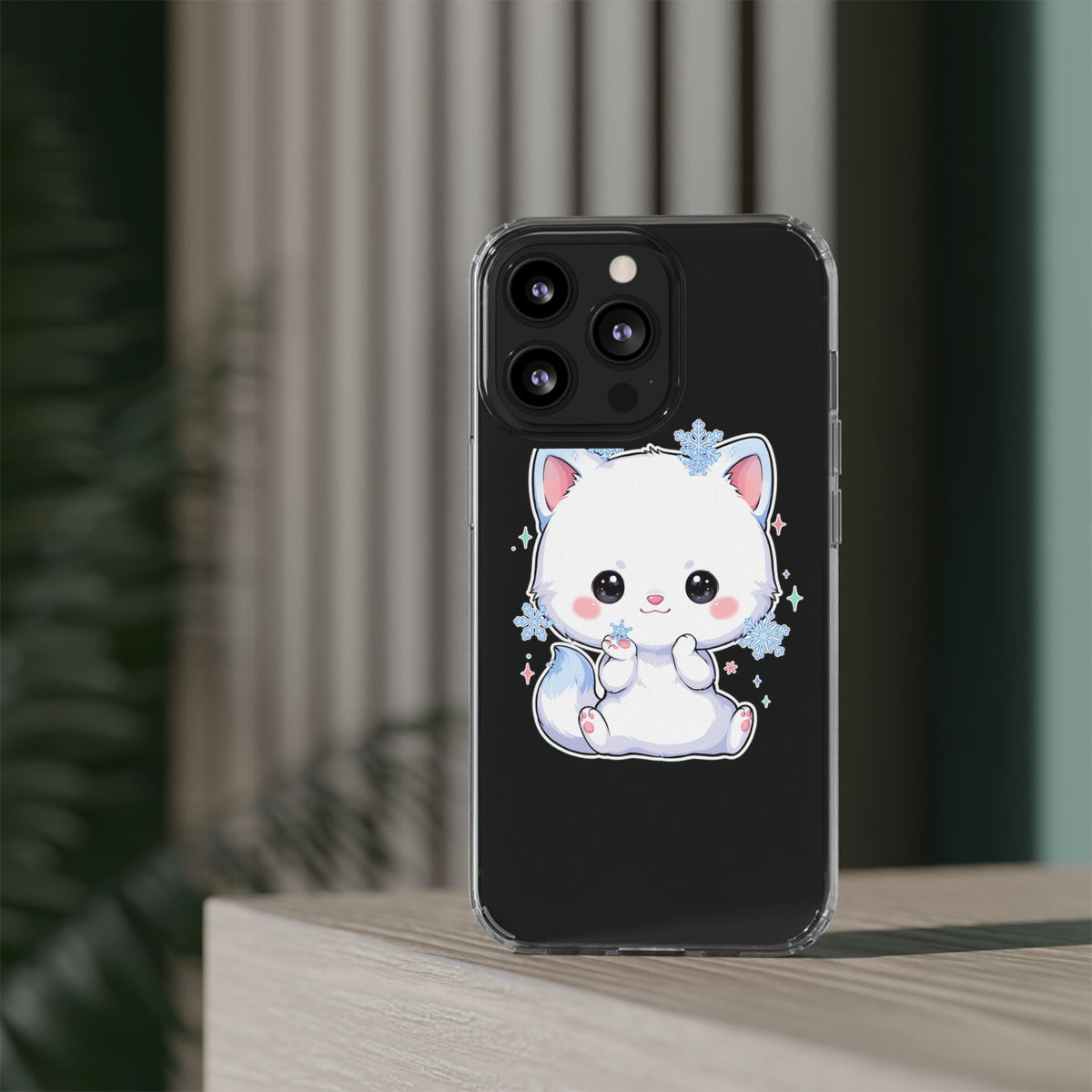 Kawaii Arctic Fox Phone Case, Cute Snowflake Clear Case