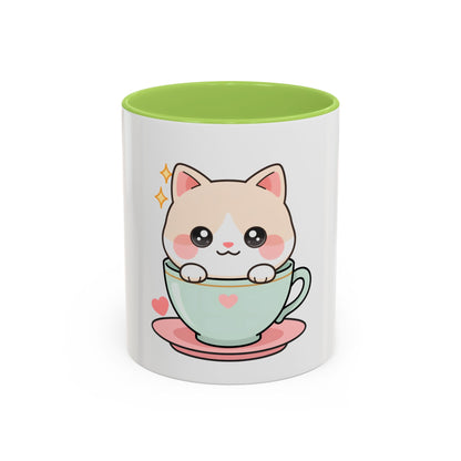 Kawaii Cat Coffee Mug, Cute Cat in Teacup Accent Mug