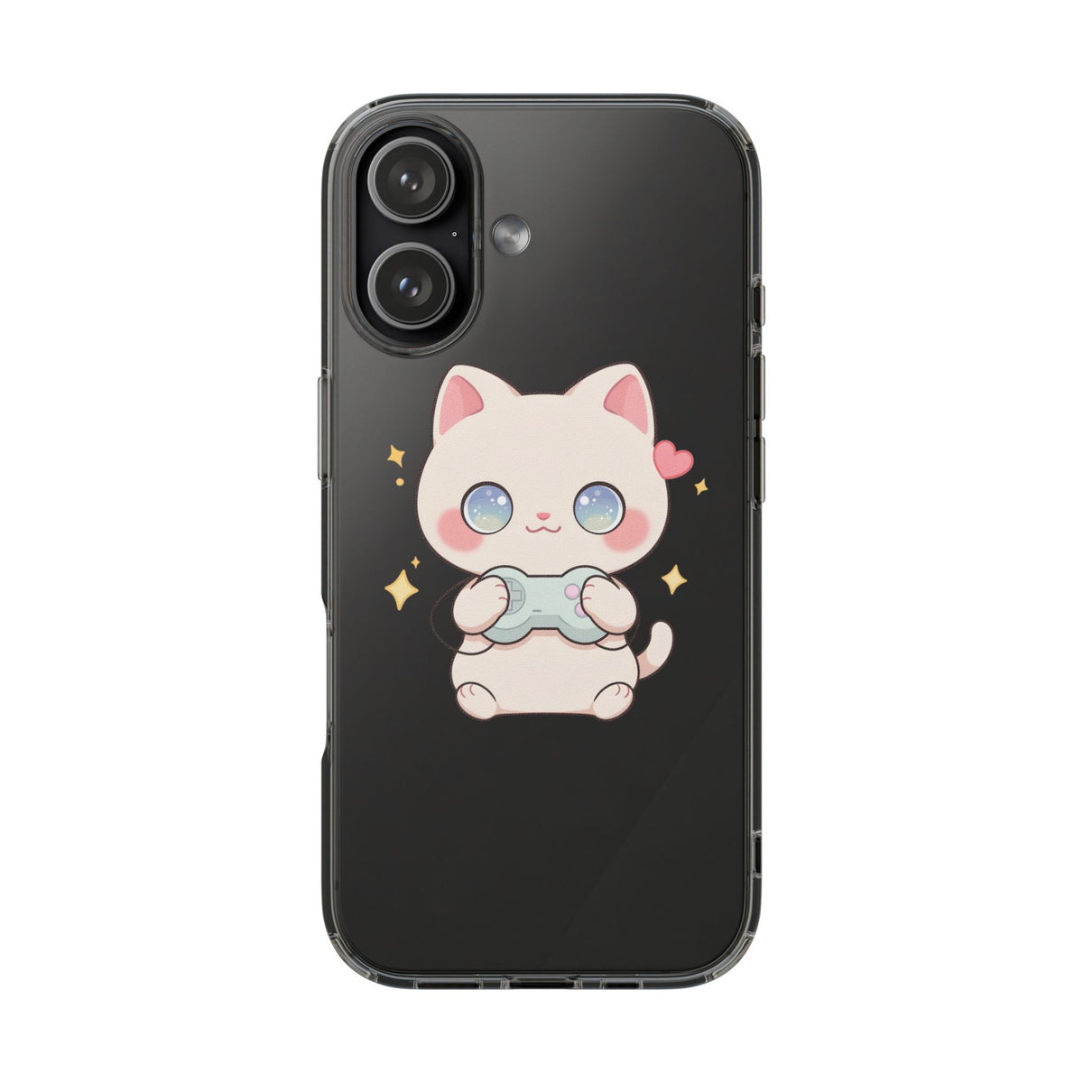 Kawaii Gamer Cat Clear Phone Case for Gaming Fans