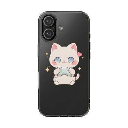 Kawaii Gamer Cat Clear Phone Case for Gaming Fans