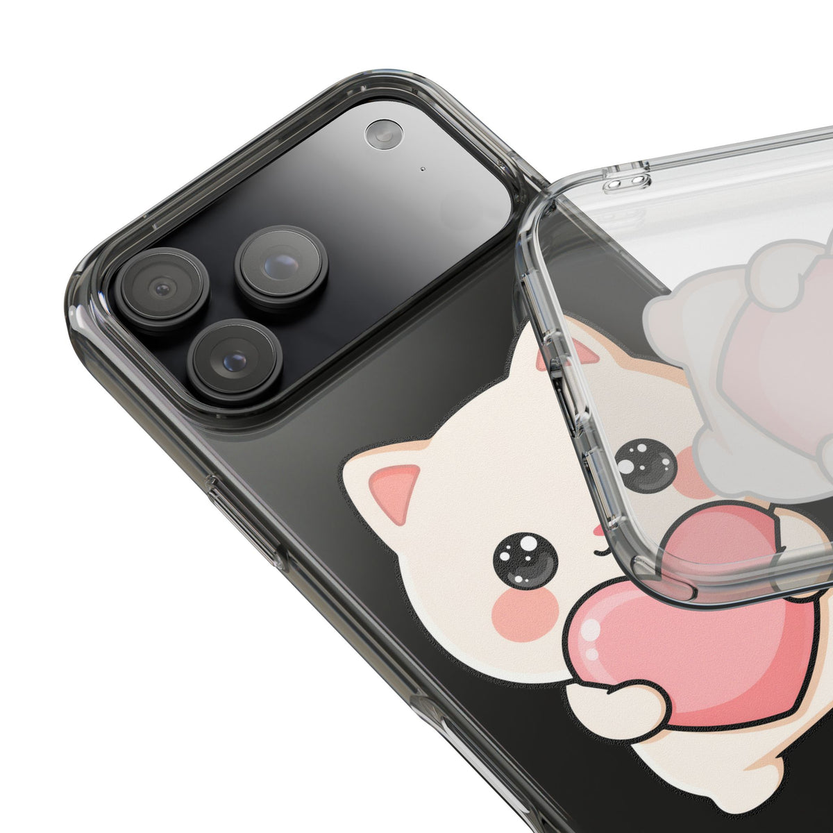 Kawaii Cat Phone Case with Heart, Clear Impact-Resistant