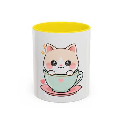 Kawaii Cat Coffee Mug, Cute Cat in Teacup Accent Mug