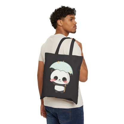 Kawaii Panda Tote Bag with Umbrella, Cute Cotton Canvas