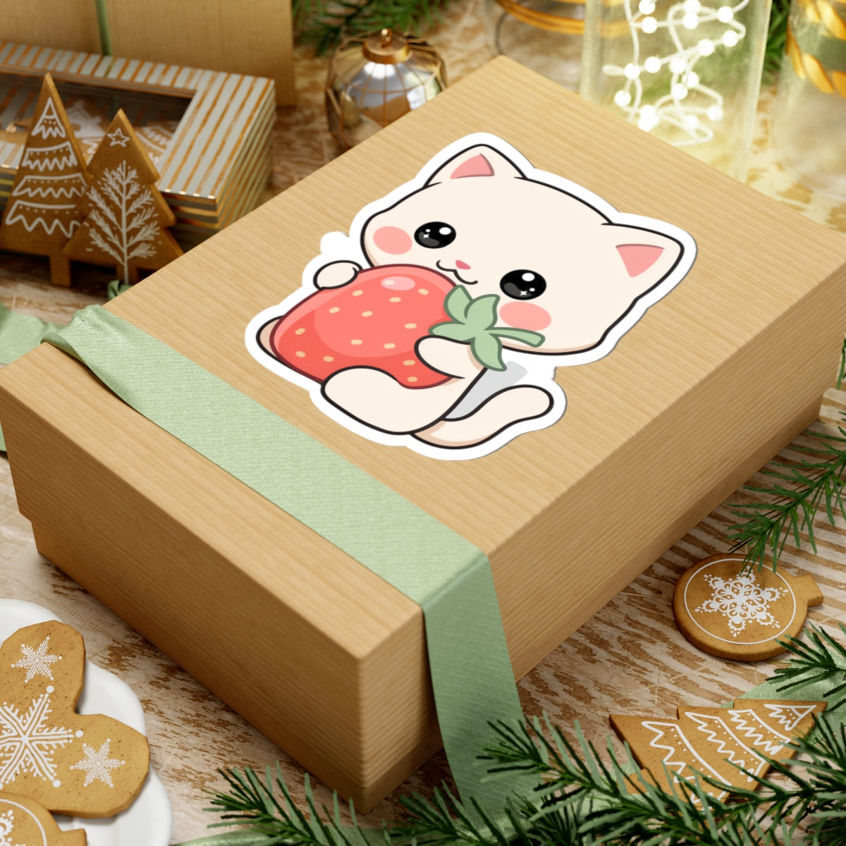 Kawaii Cat Strawberry Kiss-Cut Sticker for Cat Lovers