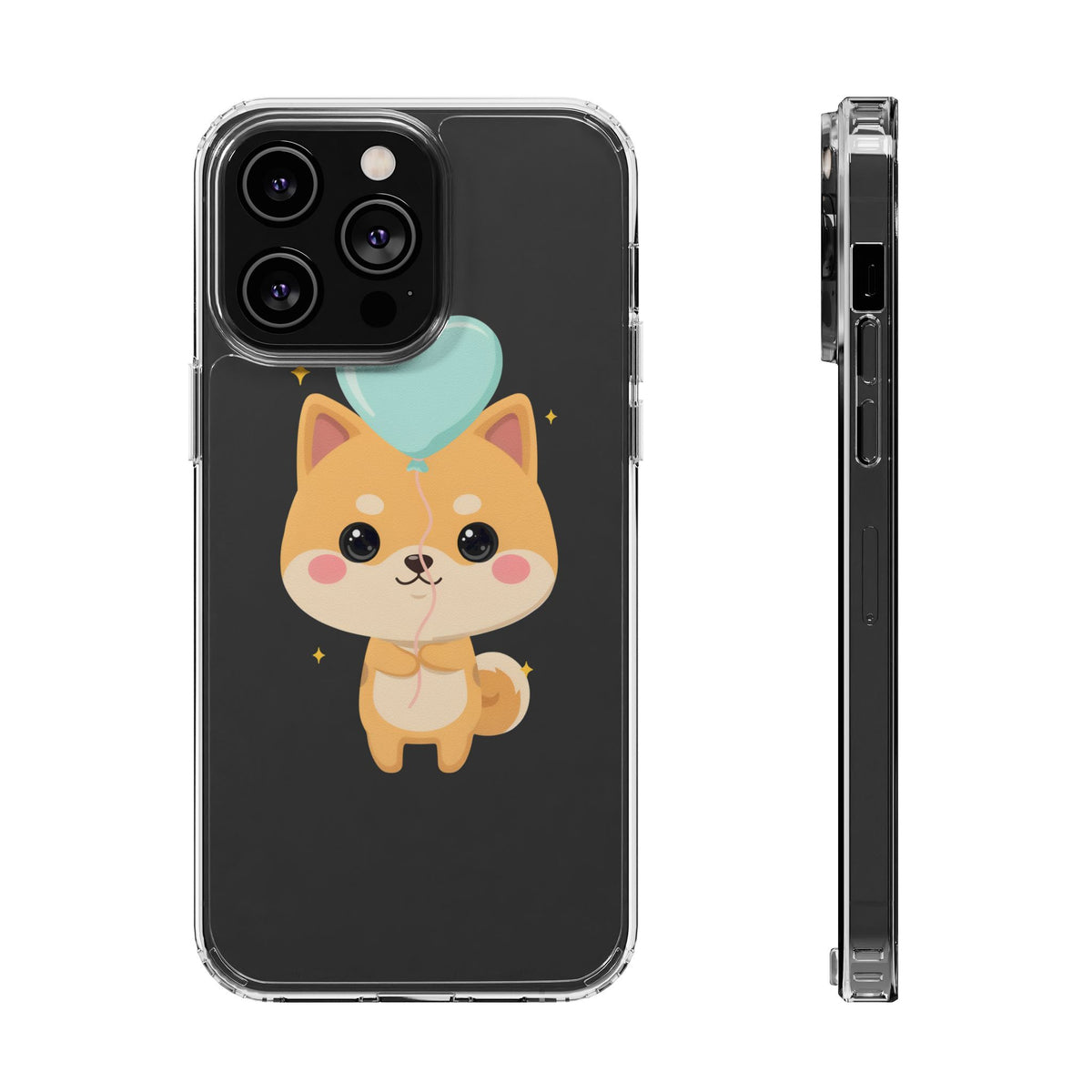 Kawaii Shiba Inu Clear Phone Case with Heart Balloon