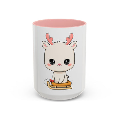 Christmas Reindeer Accent Coffee Mug, Cute Kawaii Sledding Gift