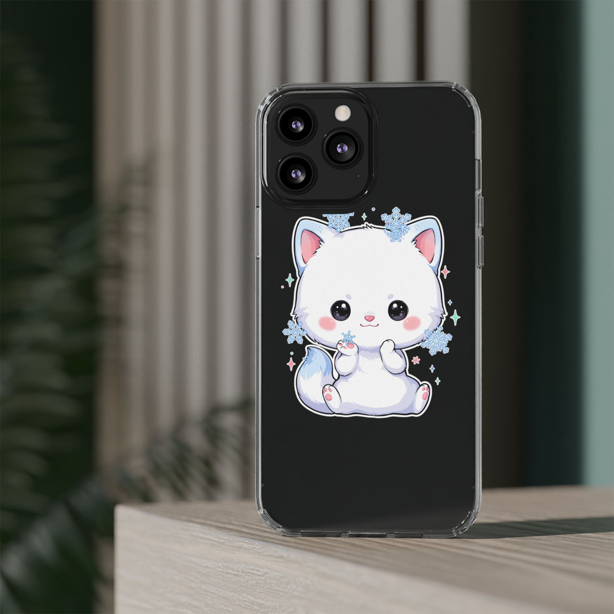 Kawaii Arctic Fox Phone Case, Cute Snowflake Clear Case