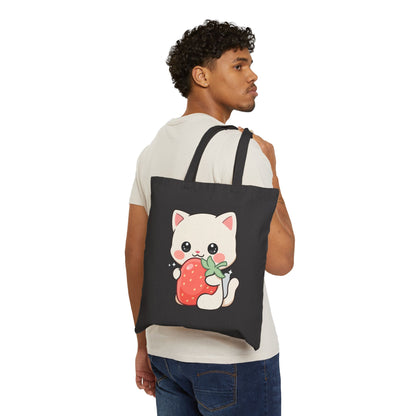 Kawaii Cat Strawberry Tote Bag – Cute Canvas Carryall