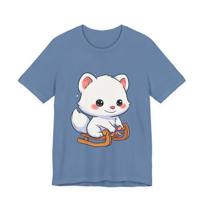 Kawaii Arctic Fox Sledding T-Shirt, Cute Unisex Tee