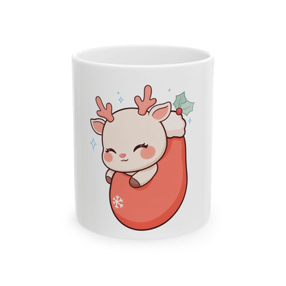 Kawaii Reindeer Christmas Mug, Sleeping Stocking Cutie