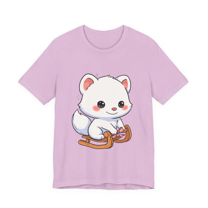 Kawaii Arctic Fox Sledding T-Shirt, Cute Unisex Tee