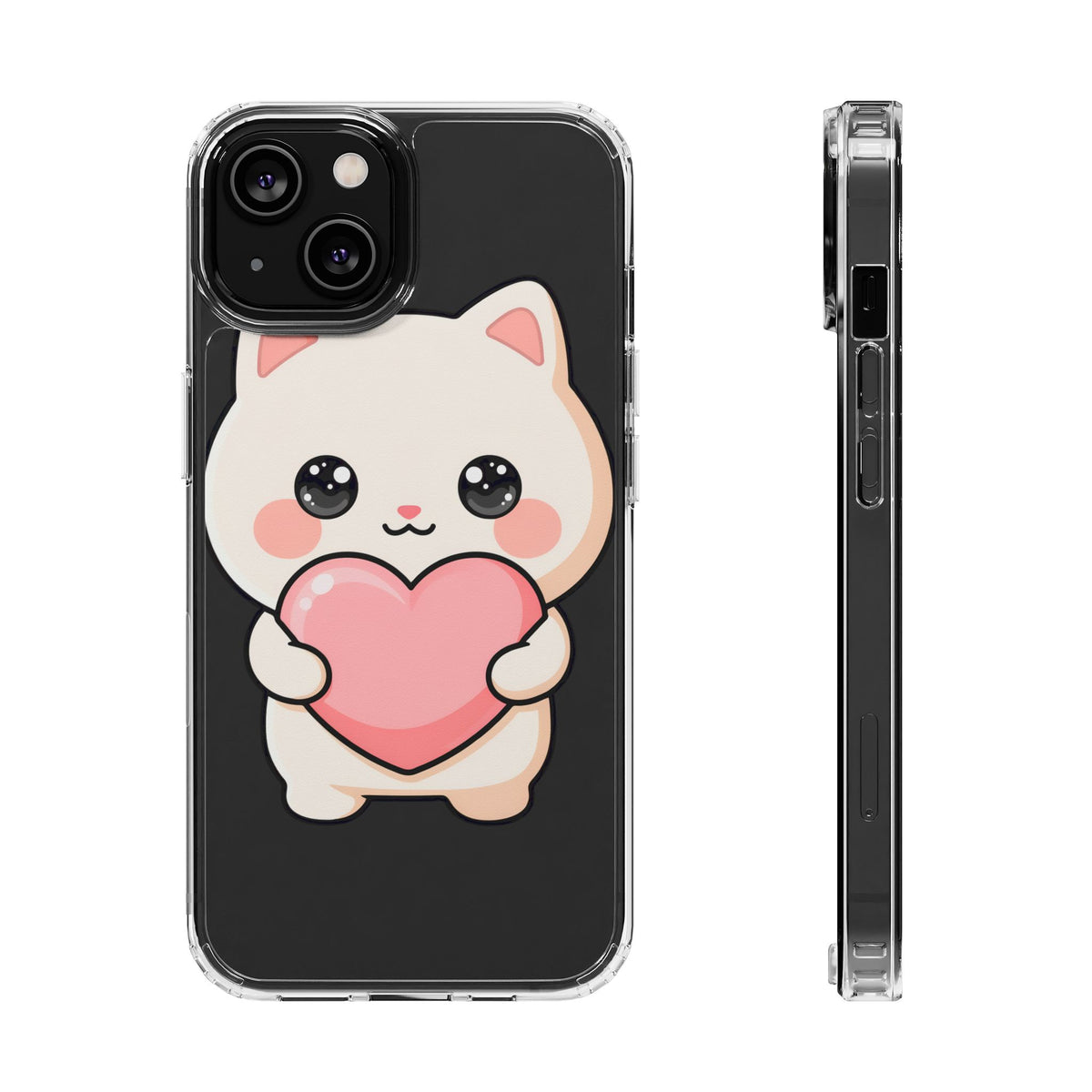 Kawaii Cat Phone Case with Heart, Clear Impact-Resistant
