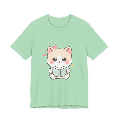 Kawaii Reading Cat T-Shirt for Book Lovers