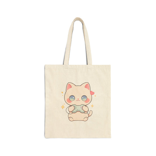 Gaming Cat Cotton Canvas Tote Bag for Cozy Game Days