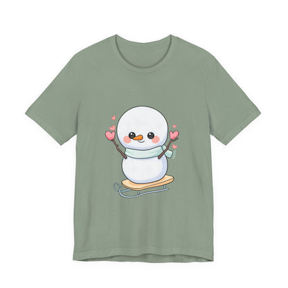 Kawaii Snowman T-Shirt, Cute Winter Sledding Tee