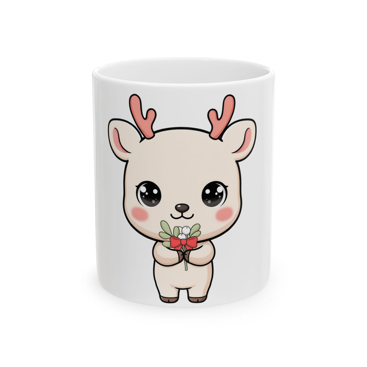 Kawaii Reindeer Mug, Cute Christmas Mistletoe Gift
