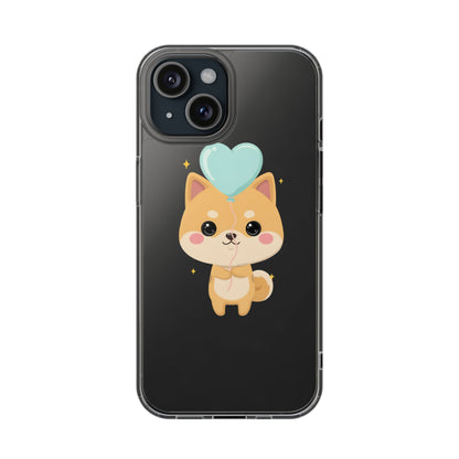 Kawaii Shiba Inu Clear Phone Case with Heart Balloon