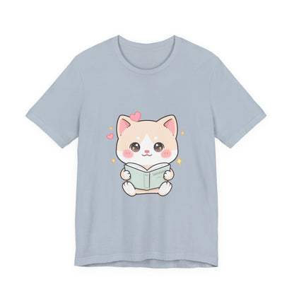 Kawaii Reading Cat T-Shirt for Book Lovers
