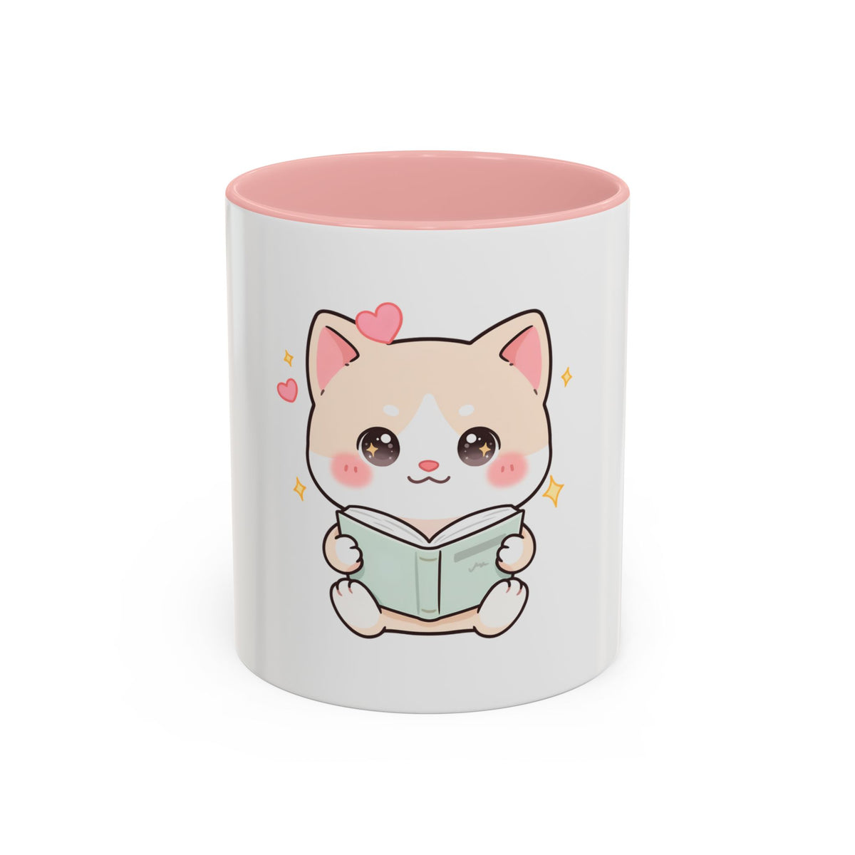 Kawaii Cat Reading Mug, Cute Book Lover Accent Coffee Mug