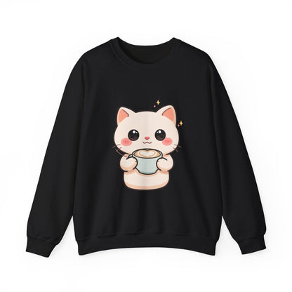 Kawaii Latte Cat Sweatshirt, Cute Chibi Coffee Cat Crewneck