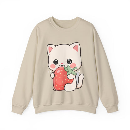 Kawaii Cat Strawberry Sweatshirt, Cute Chibi Crewneck