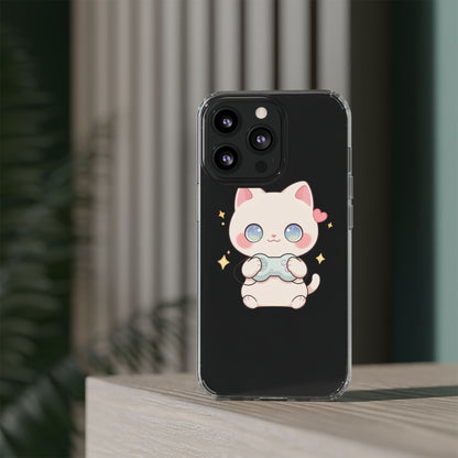 Kawaii Gamer Cat Clear Phone Case for Gaming Fans