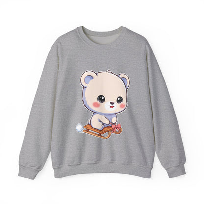 Kawaii Polar Bear Sweatshirt, Cute Sledding Cub Crewneck
