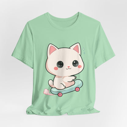 Kawaii Skateboarding Cat T-Shirt – Cute Chibi Kitty Tee