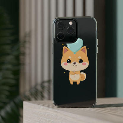 Kawaii Shiba Inu Clear Phone Case with Heart Balloon