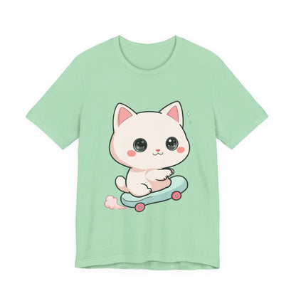 Kawaii Skateboarding Cat T-Shirt – Cute Chibi Kitty Tee
