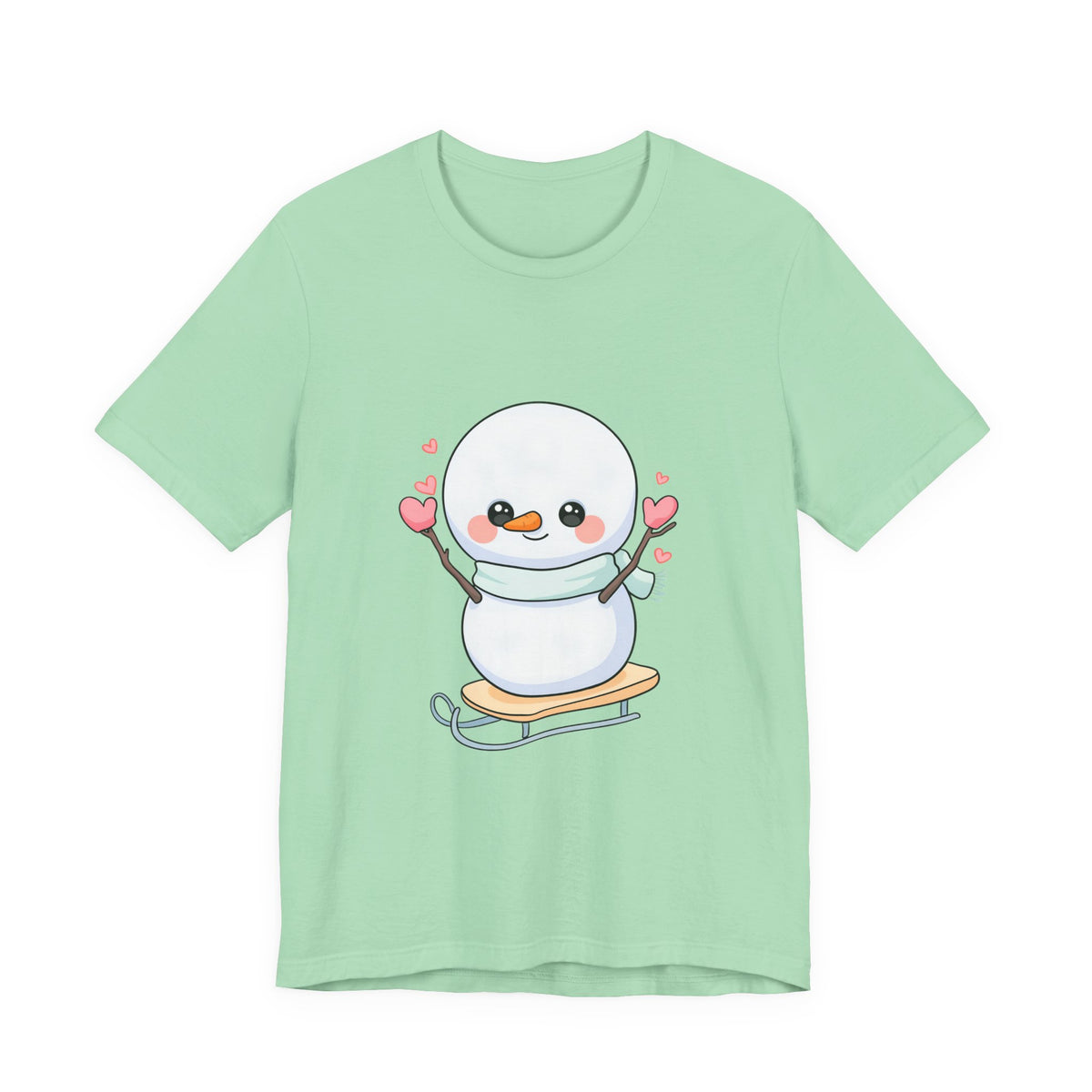 Kawaii Snowman T-Shirt, Cute Winter Sledding Tee